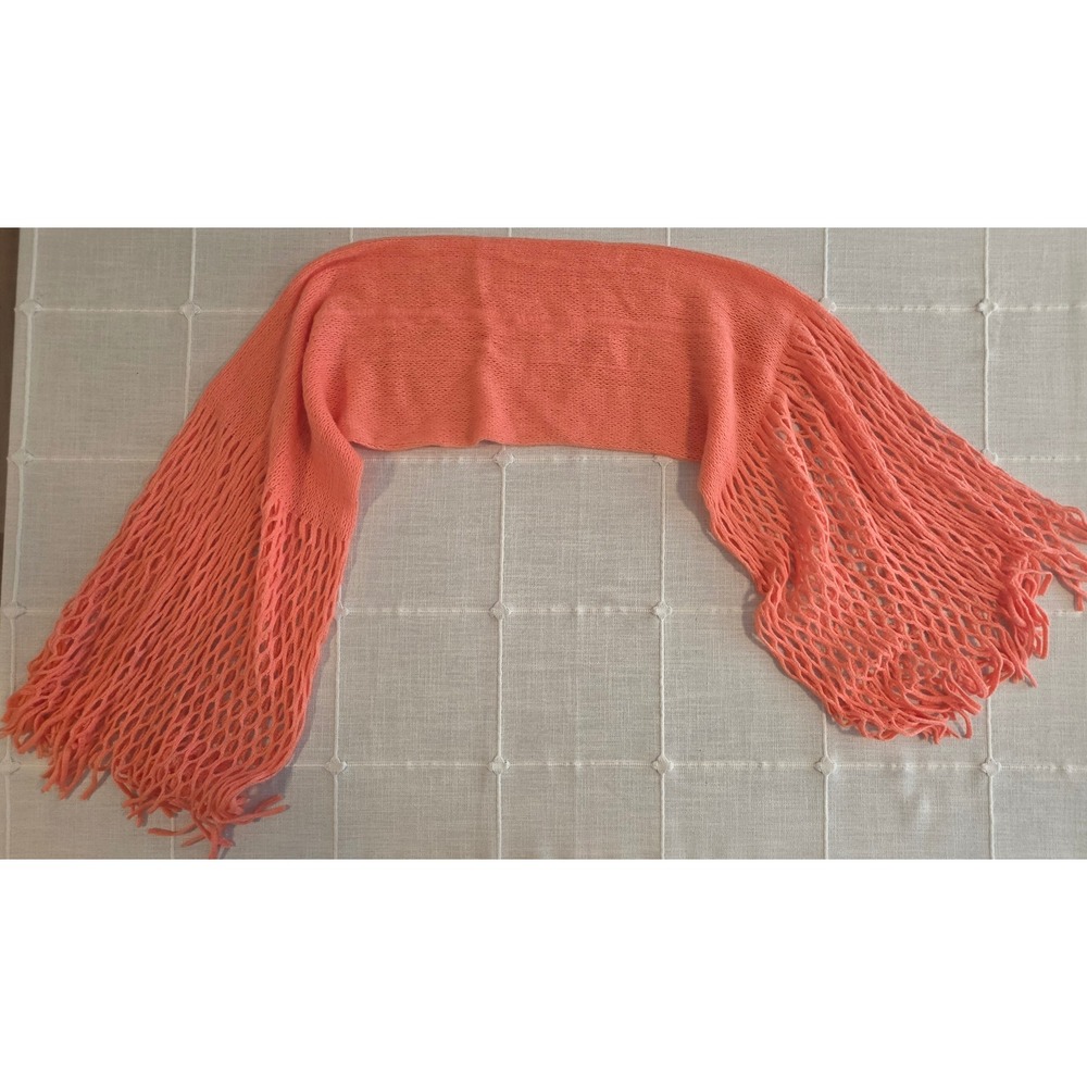 Coral Orange Open Weave Fishnet Knit Scarf with Fringe Boho Lightweight